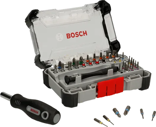 Conjunto de 32 pontas de chave de fenda e catraca Bosch .